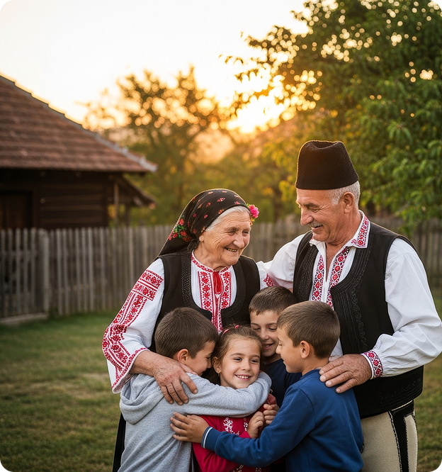 Elderly couple hugging children